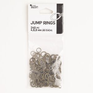 Jump ring mix 1pkg240 brass-finished, 4mm / 6mm / 8mm round, 21 & 18 gauge / various inside diameter / steel / antique
