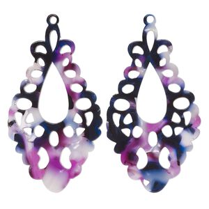 Focal, resin, purple / dark purple / white, 51.5x29mm fancy teardrop with cutouts. Sold per pkg of 2.