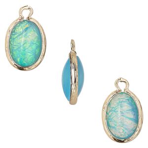 Drop, Opalized Ice&trade;, "opal" (resin) and gold-finished brass, light blue, 16x12mm double-sided oval. Sold per pkg of 4.