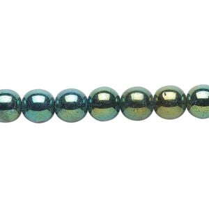 Bead, Czech glass druk, opaque iris green, 8mm round. Sold per 15-1/2" to 16" strand.