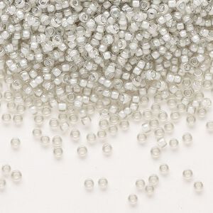 Seed bead, Miyuki, glass, pkg/250g, #11 rocaille, translucent moonstone-lined luster crystal clear (RR-2268).