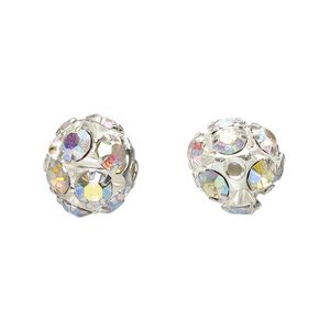 Bead 1pkg6 imitation rhodium-plated, 10mm round, brass / Egyptian glass rhinestone / clear AB