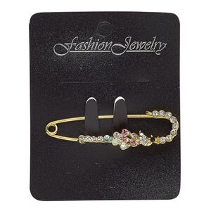 Brooch, glass rhinestone with gold-finished steel and "pewter" (zinc-based alloy), multicolored, 54x16mm safety pin with peacock. Sold individually.