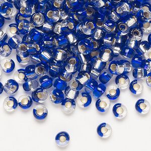 Seed bead, Miyuki, glass, pkg/25g, 4mm irregular round, transparent silver-lined cobalt blue/clear, (TB-3934).