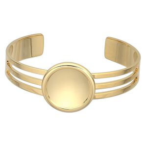 Bracelet, Almost Instant Jewelry&reg;, cuff, gold-plated brass and "pewter" (zinc-based alloy), 64x25mm with 20mm round setting, adjustable. Sold individually.