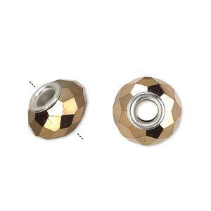 Bead 1pkg6 silver-plated, 14x9mm faceted rondelle, brass / glass / metallic dark gold Dione&reg;