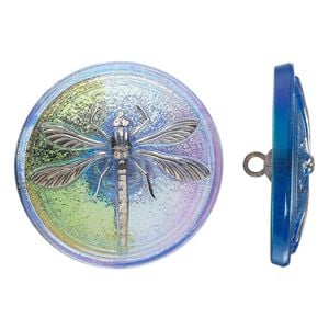 Button 1pkg1, Czech pressed glass and brass, iridescent sapphire blue and silver, 31mm round with dragonfly design.