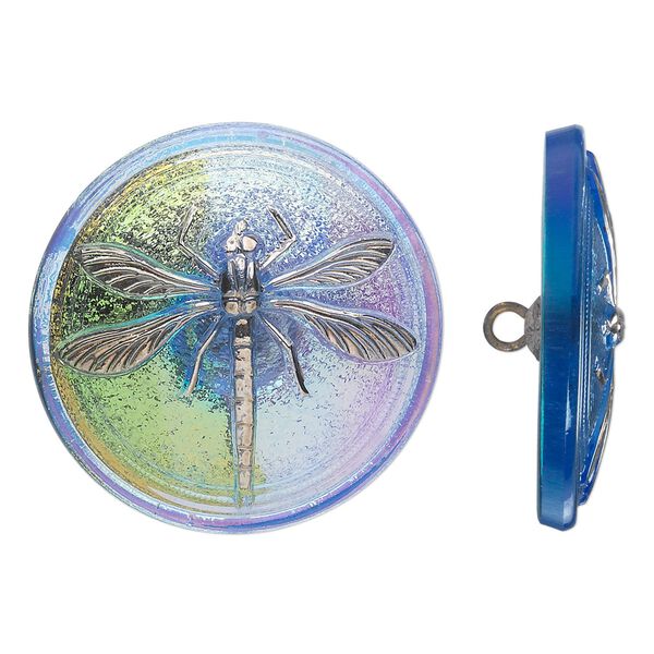 Button 1pkg1, Czech pressed glass and brass, iridescent sapphire blue and silver, 31mm round with dragonfly design. image number 0