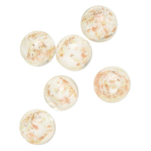 Bead, lampworked glass, clear /opaque white/ glow-in-the-dark / gold, 12mm round. Sold per pkg of 6.