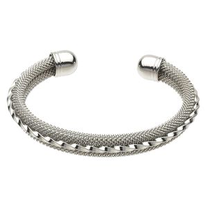 Bracelet, cuff, imitation rhodium-finished brass, 9mm wide with mesh design, 2-1/2 inch inside diameter with bell-shaped end caps. Sold individually.