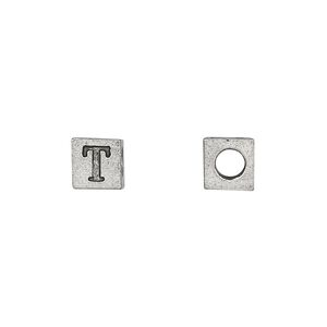 Bead 1pkg4 pewter, 7mm cube / Greek letter Tau, antiqued