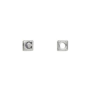Bead 1pkg1 sterling silver, 5mm cube / letter C, Dione&reg;