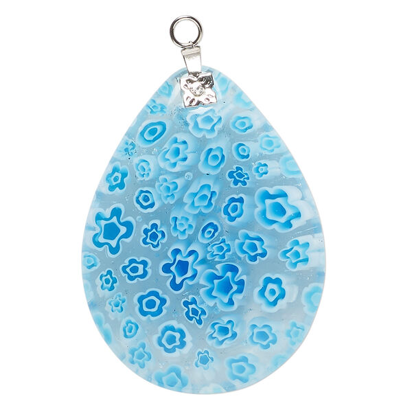Focal, millefiori glass and silver-finished steel 1pkg1, transparent and translucent clear / blue / white, 39x29mm-40x30mm puffed teardrop. image number 0