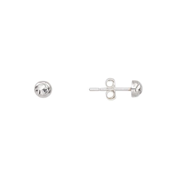 Earstud, sterling silver, 4mm diamond-cut half-ball with post. Sold per pair. image number 0