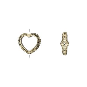 Bead frame 1pkg2 gold-finished "pewter", 12x10.5mm open heart / rope edge / fits up to 8mm heart bead, antique
