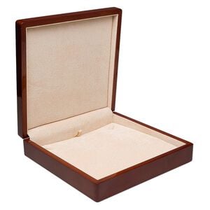 Box, necklace, wood and microfiber, light brown and dark brown, 7-1/2 x 2 x 7-1/2 inches. Sold individually.