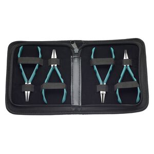 Pliers set, Wubbers&reg; ProLine, steel and rubber, pkg/set of 4, chain-nose / round-nose / bent chain-nose / flat-nose, turquoise green and black, 5.75 inches.