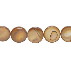 Mother-of-pearl shell 1pkg1, puffed flat round bead 15 inch golden brown 9-11mm