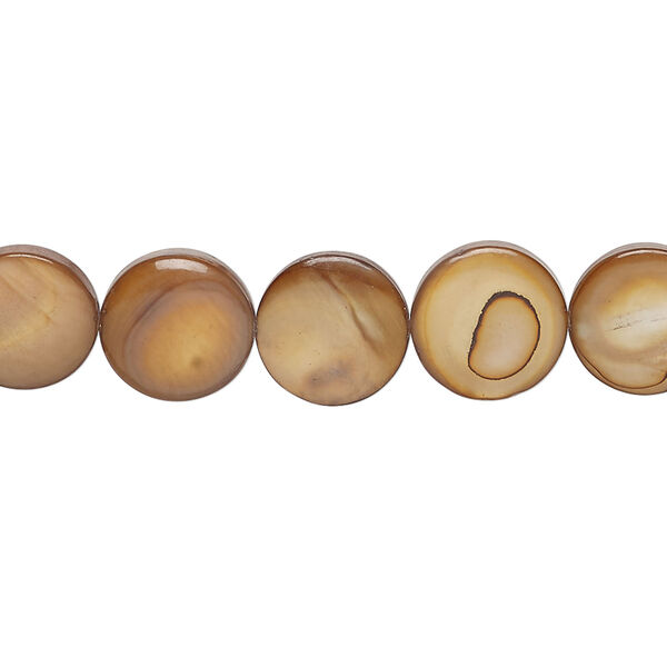 Mother-of-pearl shell 1pkg1, puffed flat round bead 15 inch golden brown 9-11mm image number 0
