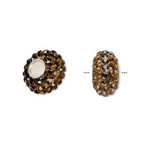Bead 1pkg1 sterling silver, 13x8mm-14x8mm rondelle, epoxy / glass rhinestone / root beer Dione&reg;