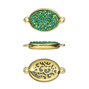 Link, Druzylite&trade;, "druzy" (resin) and gold-finished brass, green, 15.5x11.5mm two-sided oval with open filigree back. Sold per pkg of 4.