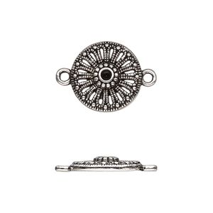 Link, antique silver-finished "pewter" (zinc-based alloy), 15mm single-sided round with cutout flower and beaded design. Sold per pkg of 20.
