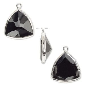 Drop, black onyx (dyed) and sterling silver, 16mm two-sided faceted triangle. Sold per pkg of 2.