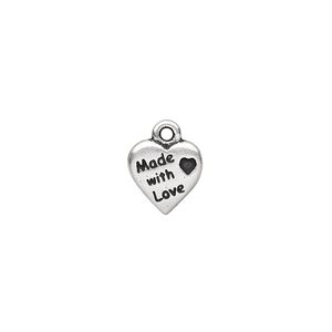 Charm, TierraCast&reg;, antique silver-plated pewter (tin-based alloy), 10mm double-sided heart with "Made with Love." Sold per pkg of 2.