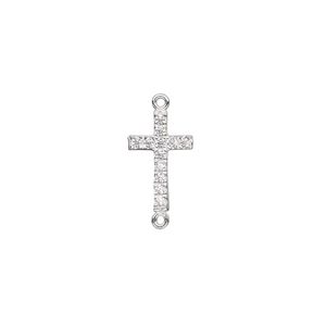 Link, sterling silver and cubic zirconia, clear, 12x7.5mm single-sided cross. Sold individually.
