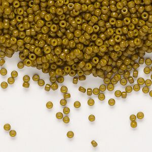 Seed bead, Miyuki, glass, pkg/250g, #11 rocaille, Duracoat&reg; opaque outside dyed Spanish olive (RR-4491).