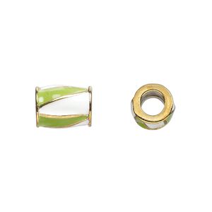Bead 1pkg1 gold-finished "pewter", 12x9mm barrel, enamel lime green & white Dione&reg;
