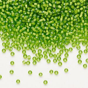 Seed bead, Preciosa Ornela, glass, transparent chalkwhite-lined lime green, #11 rocaille. Sold per 50-gram pkg.