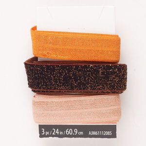 Ribbon assortment 1pkg3 elastic and nylon, orange / brown with sparkles / peach, 16mm flat, 24 inches.