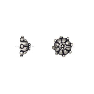 Bead cap, antiqued sterling silver, 10x4.5mm round with dots, fits 6-8mm bead. Sold per pkg of 2.