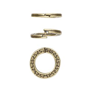 Loop Lock&trade;, JBB Findings, antique brass-plated pewter (tin-based alloy), 15mm double-sided flat round with geometric design and ridged edge. Sold per pkg of 4.