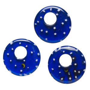 Component, millefiori glass, translucent cobalt blue, yellow and white, 24-26mm undrilled go-go. Sold per pkg of 3.