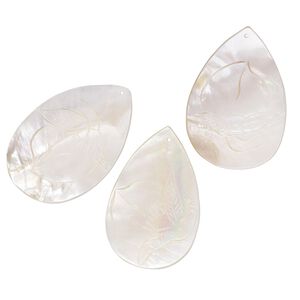 Focal mix, mother-of-pearl shell (natural) 1pkg3, 52x40mm-62x42mm teardrop with carved peach design.