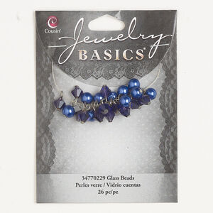 Drop assortment 1pkg26, silver-finished steel and glass, purple and blue, 6mm bicone / 6mm round.