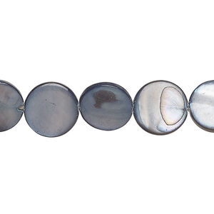 Mother-of-pearl shell 1pkg1, puffed flat round bead 15 inch steel blue 11-12mm