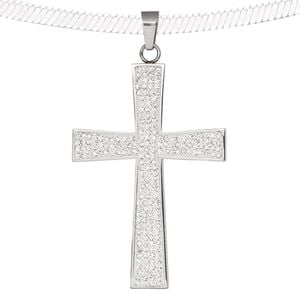 Pendant, epoxy / glass rhinestone / stainless steel, clear and white, 69x43mm single-sided cross. Sold individually.