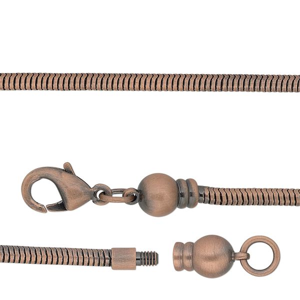 Chain 1pkg1 copper-plated snake, 2.6mm / lobster claw clasp / fits 3.5-6mm hole, Dione&reg; antique brass 7 inch image number 0