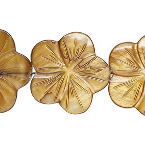 Mother-of-pearl shell 1pkg1, carved flat flower bead 15.5 to 16 inch golden brown 24x23mm-26x25mm