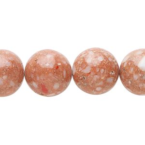 Multi-gemstone / mother-of-pearl shell / resin 1pkg1, round bead 15 inch red-orange 13-15mm