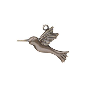 Charm, antiqued gold-plated brass, 25x19mm single-sided hummingbird. Sold per pkg of 100.
