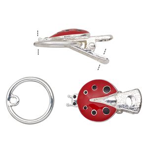 Clasp alligator clip 1pkg1 silver-finished "pewter" (zinc alloy), 21x17mm ladybug, steel / enamel red / black 1-strand