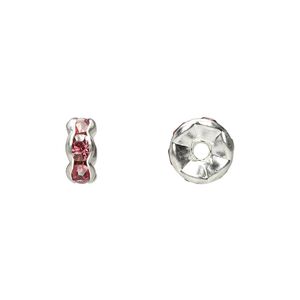 Bead 1pkg10 silver-plated, 8x4mm rondelle, brass / rose rhinestone