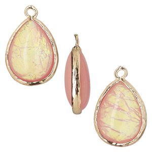 Drop, Opalized Ice&trade;, "opal" (resin) and gold-finished brass, light pink, 19.5x15mm double-sided teardrop. Sold per pkg of 4.