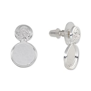 Earstud 1pkg2 Almost Instant Jewelry&reg; silver-plated "pewter" (zinc-based alloy), 21mm round swirl / leaf design / SS48 round glue-in setting / comfort clutch, gold-finished brass / steel 1 pair