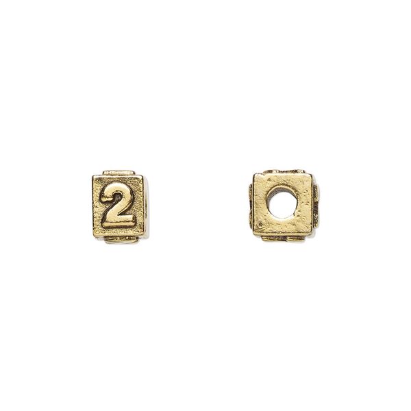 Bead 1pkg4 gold-plated pewter, 8x6mm rectangle / number 2, antique Dione&reg; image number 0
