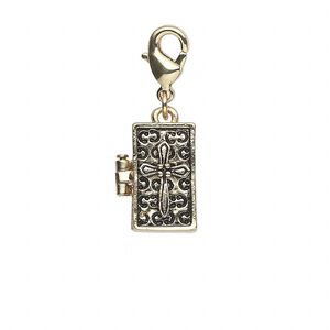 Drop, antique gold-finished "pewter" (zinc-based alloy), 17x10mm rectangular prayer box with cross and swirl design with magnetic closure and lobster claw clasp. Sold individually.